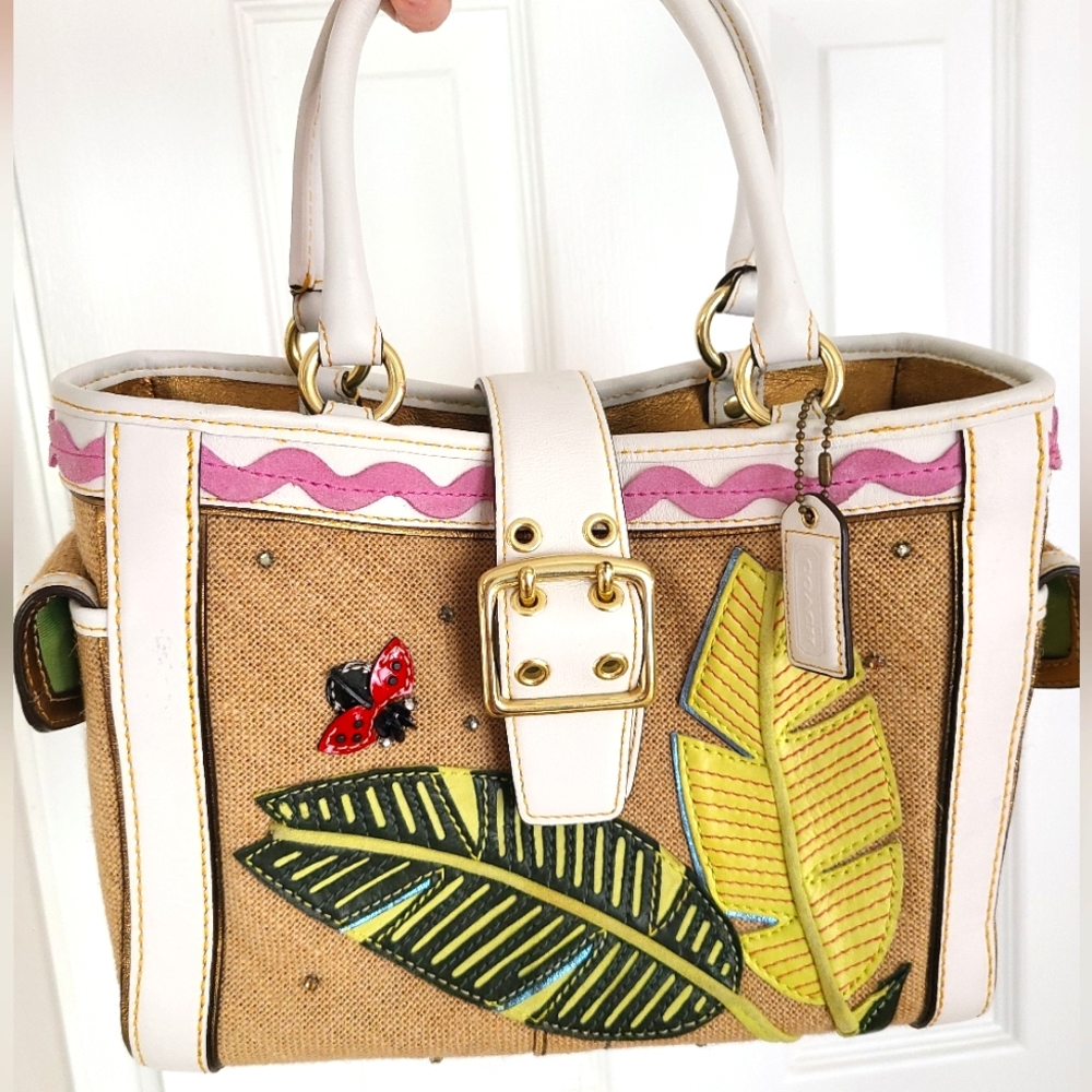 Authentic Coach cruise-ready limited edition white leather, palm & ladybug purse